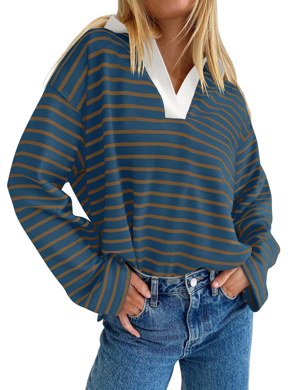 ZESICA Striped V Neck Oversized Sweatshirt Loose Fit Tunic Tops