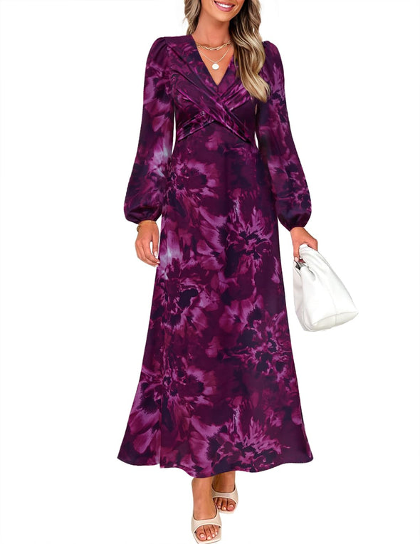ZESICA Fall Boho V Neck Belted High Wasit Flowy Cocktail Party Dress