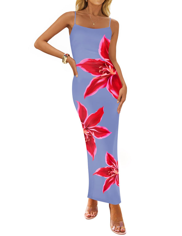 ZESICA Bodycon Floral Spaghetti Strap Boho Long Dresses