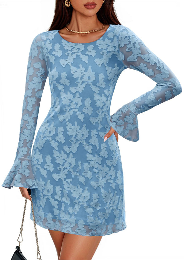 ZESICA Floral Mesh Crewneck Bodycon Cocktail Party Club Short Dress