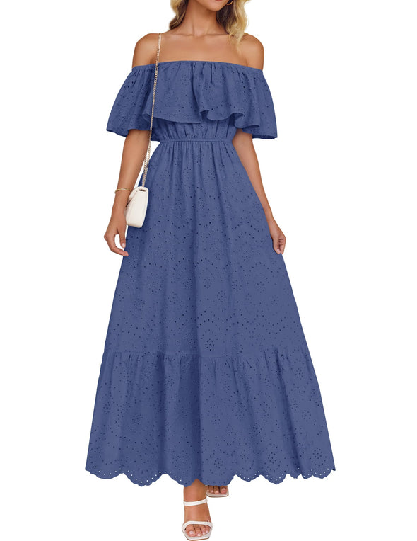 ZESICA Off Shoulder Ruffle Short Sleeve High Waist Hollow Dresses