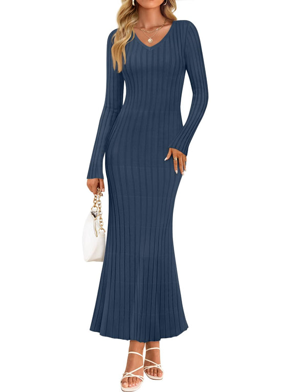 ZESICA Fall Sweater V Neck Ribbed Knit Party Cocktail Bodycon Dresses