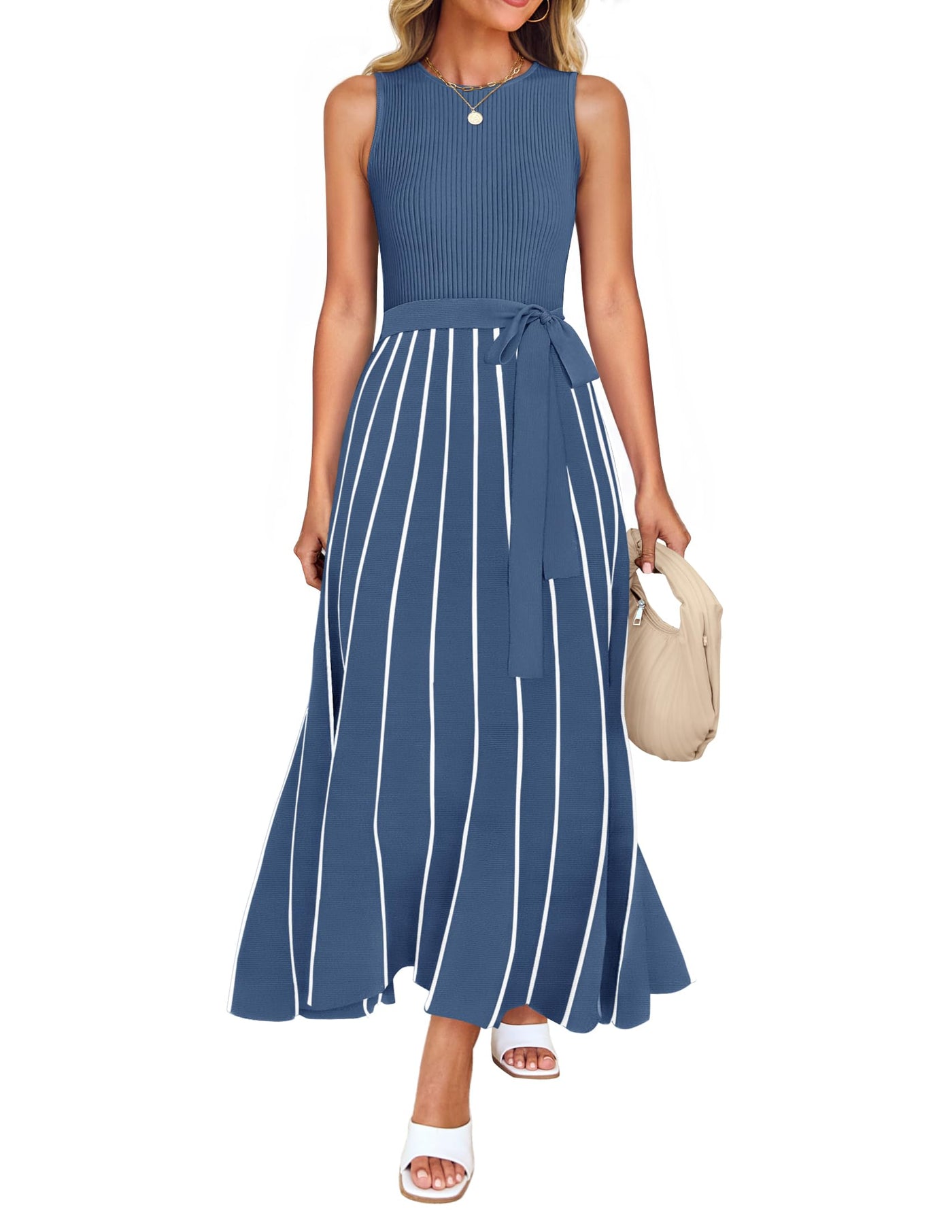 ZESICA Crewneck Ribbed Knit Tie Waist A Line Swing Dresses zesica ZESICA Crewneck Ribbed Knit Tie Waist A Line Swing Dresses zesica