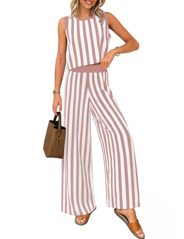 ZESICA Two Piece Outfits Crop Tank Tops and Wide Leg Pants Striped Sets