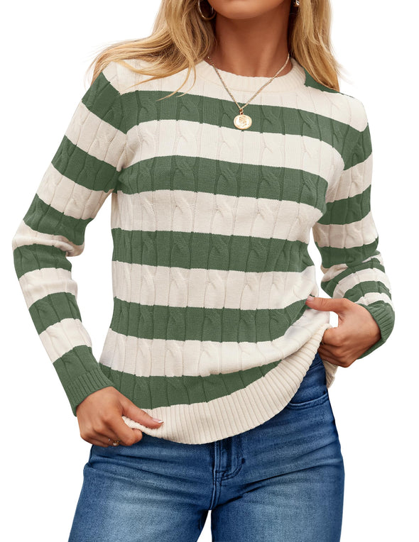 ZESICA Casual Striped Cable Knit Loose Chunky Pullover Sweater