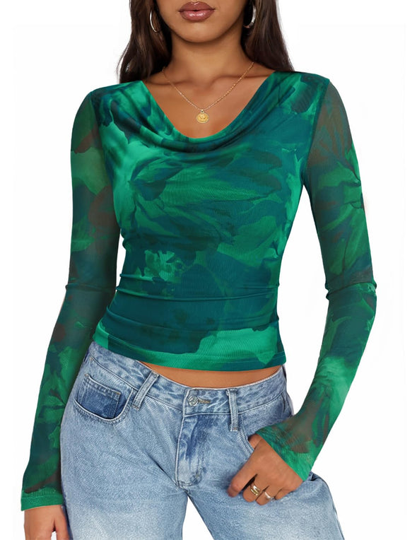 ZESICA Fall Cowl Neck Slim Fit Going Out Y2k Shirts Date Night Outfits