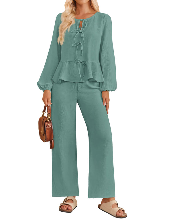 ZESICA  Long Sleeve Tie Front Top and Wide Leg Pants Pajama Sets