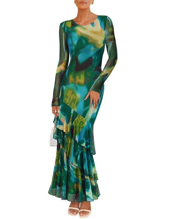 ZESICA Floral Bodycon Boho Long Sleeve Mesh Ruffle Mermaid Dress