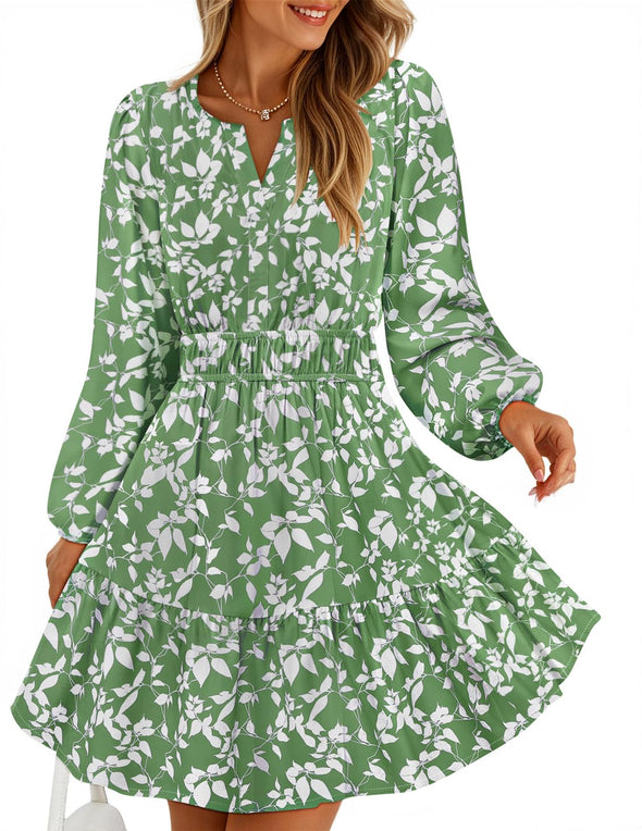 ZESICA Floral V Neck Smocked A Line Flowy Boho Mini Dresses