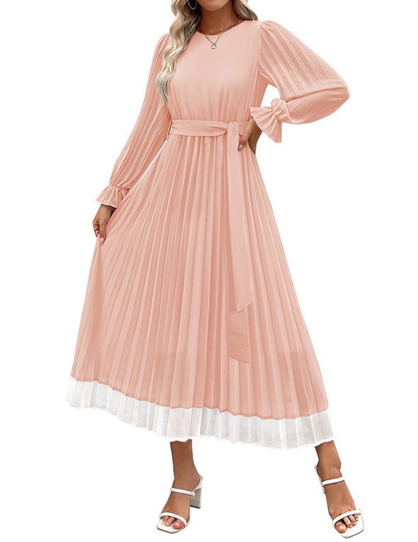 ZESICA Chiffon Crew Neck Pleated A Line Flowy Midi Dresses