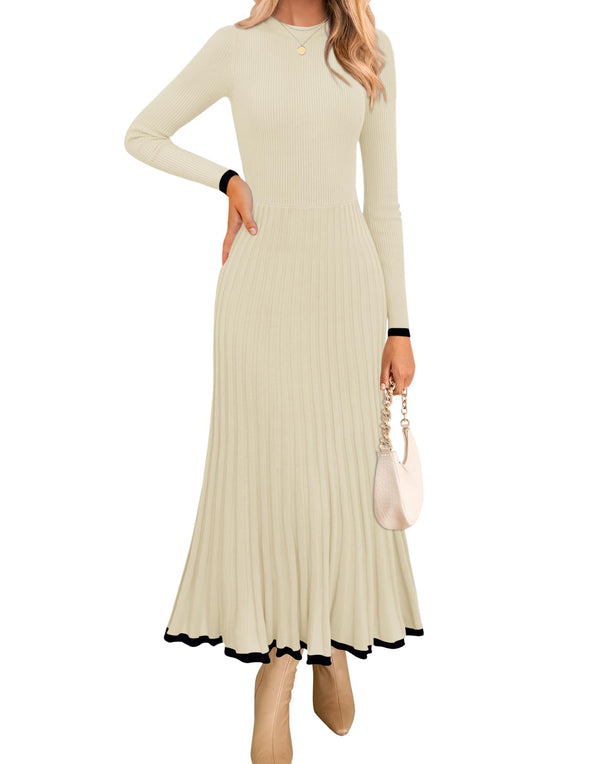 ZESICA Crewneck Ribbed Knit Pleated A-Line Wedding Dresses