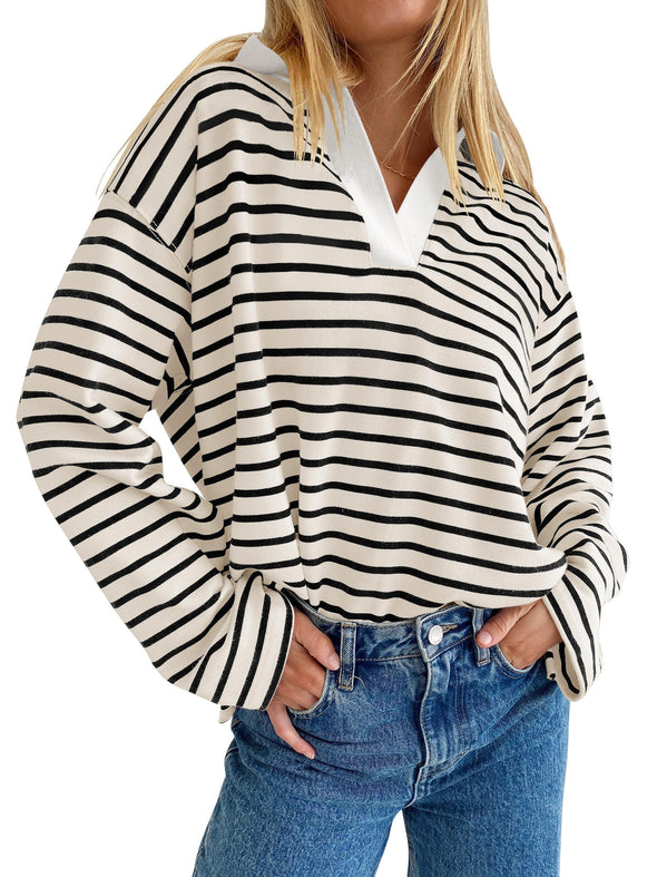 ZESICA Striped V Neck Oversized Sweatshirt Loose Fit Tunic Tops