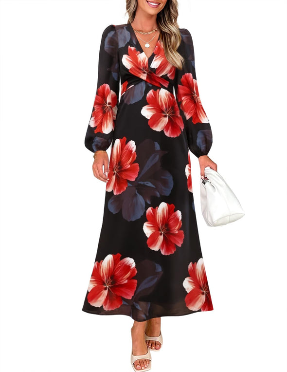 ZESICA Fall Boho V Neck Belted High Wasit Flowy Cocktail Party Dress