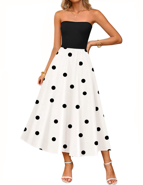 ZESICA Boho Strapless Off Shoulder Polka Dot Printed Flowy Long Dresses
