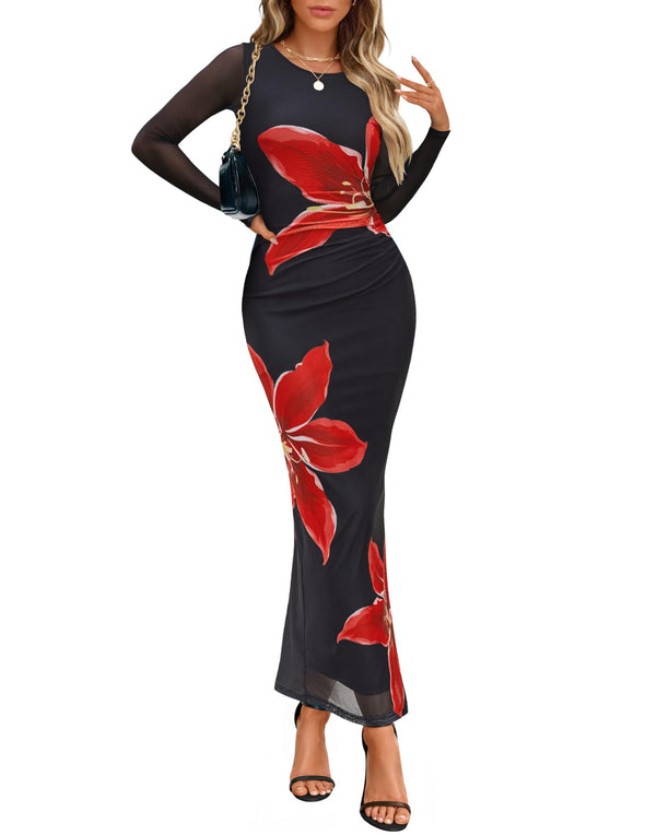 ZESICA Floral Fall Bodycon Crewneck Side Slit Ruched Fitted Party Dress