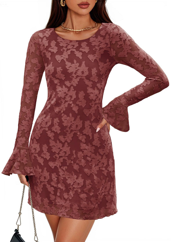 ZESICA Floral Mesh Crewneck Bodycon Cocktail Party Club Short Dress