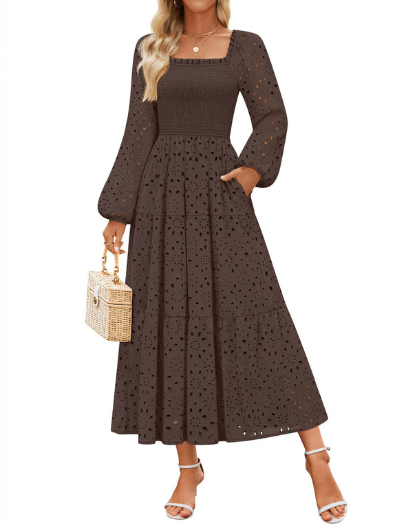 ZESICA Square Neck Hollow Out Eyelet Smocked A Line Boho Dress