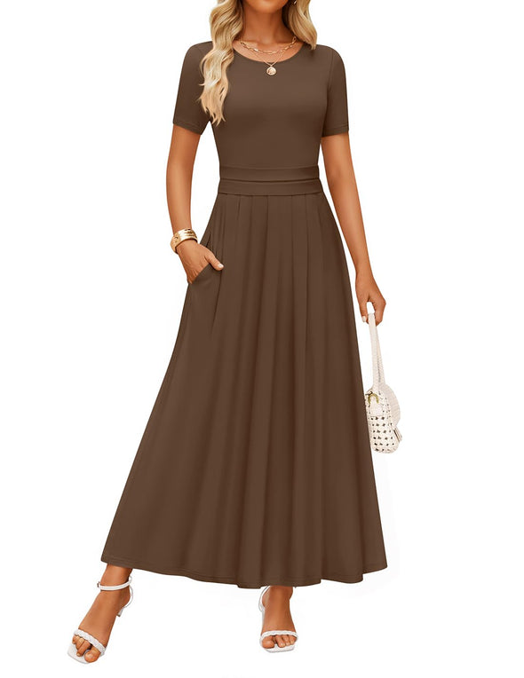 ZESICA Short Sleeve Crewneck Pleated A Line Flowy Long Dresses
