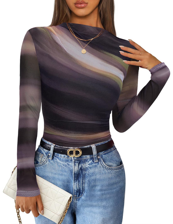 ZESICA Floral Fall Mesh Mock Neck Ruched Fitted Shirts