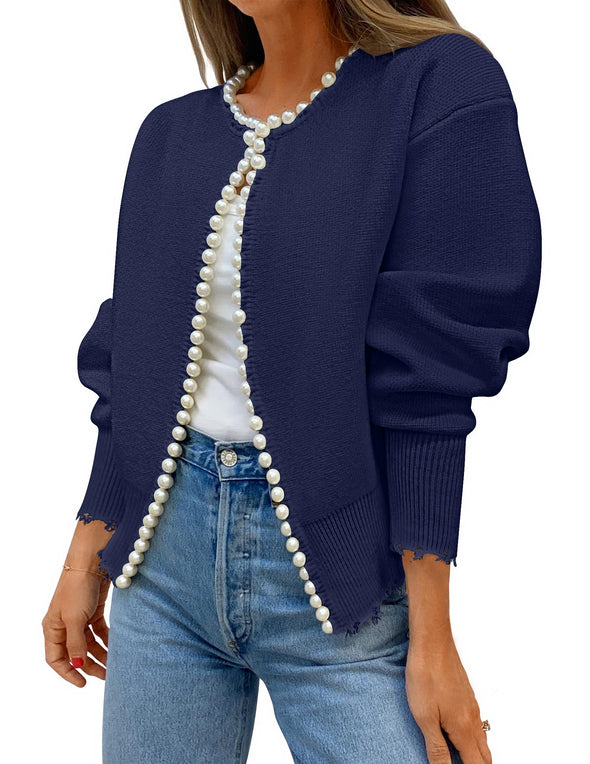 ZESICA Open Front Casual Knitted Long Sleeve Pearls Trim Coat