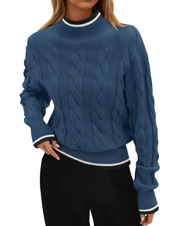 ZESICA Cable Knit Contrast Color Chunky Pullover Sweater