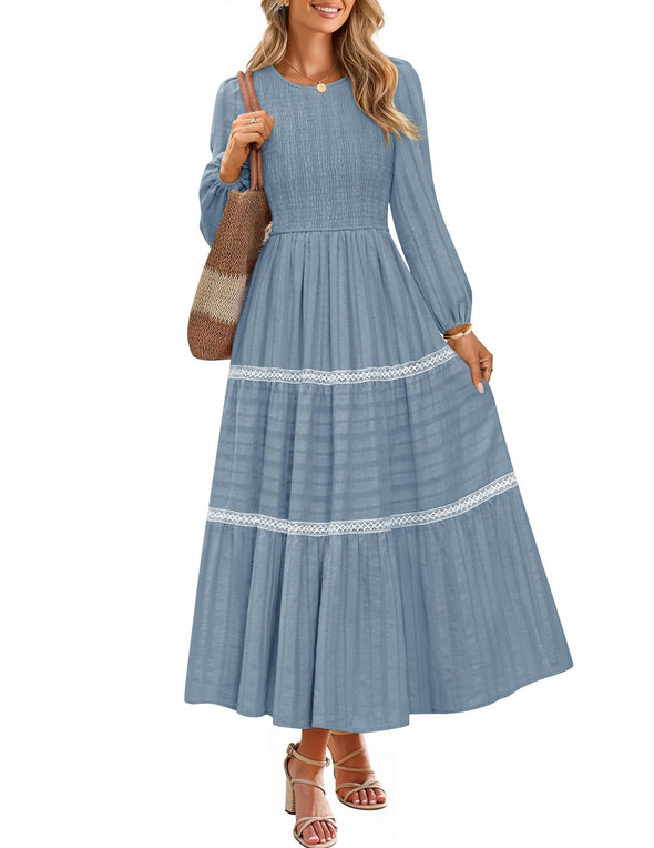 ZESICA Crewneck Smocked A Line Tiered Flowy Wedding Long Dress