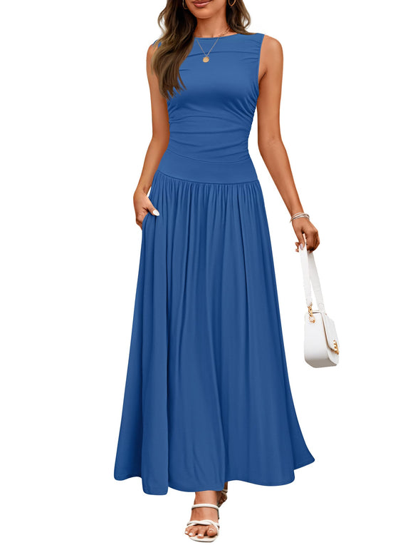 ZESICA Casual Crewneck Pleated Flowy Long Dress with Pockets