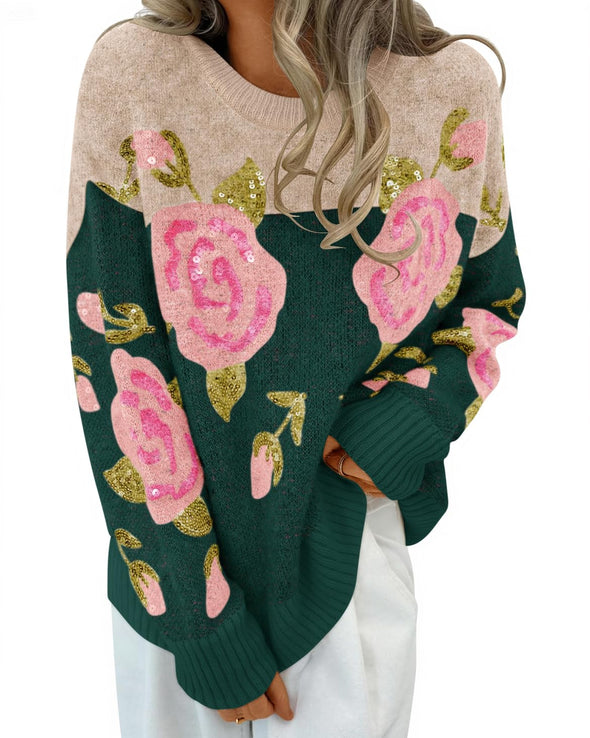ZESICA Floral Oversized Crewneck Chunky Knit Pullover Sweater Tops