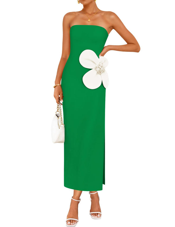 ZESICA Strapless Bodycon Ribbed Backless Floral Tube Cocktail Dresses