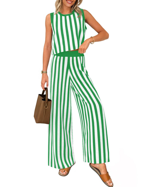 ZESICA Two Piece Outfits Crop Tank Tops and Wide Leg Pants Striped Sets