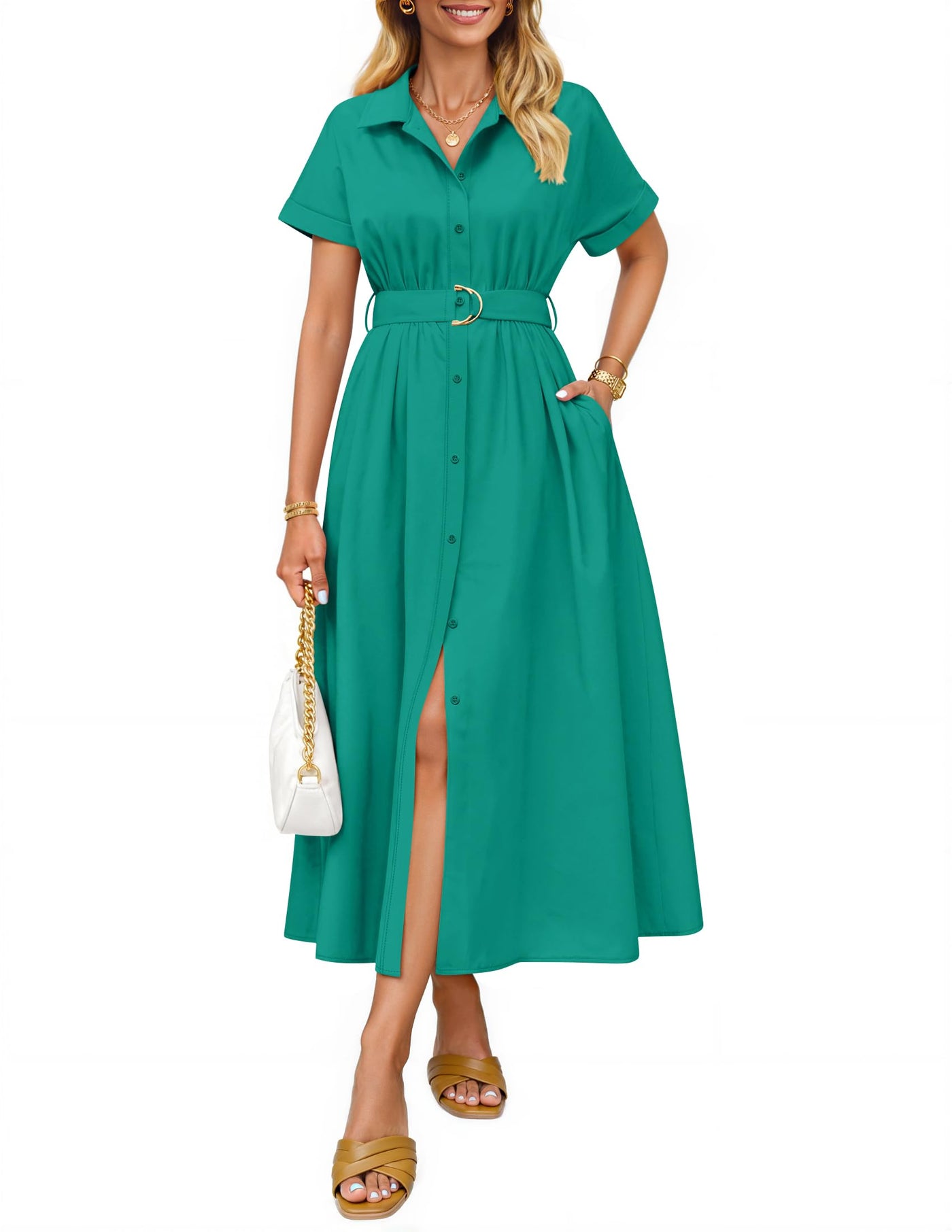 ZESICA Button Down A Line Belt Buiness Casual Shirt Dresses zesica ZESICA Button Down A Line Belt Buiness Casual Shirt Dresses zesica