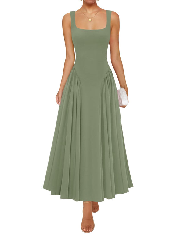 ZESICA Sleeveless Square Neck Casual Long Flowy A Line Dresses