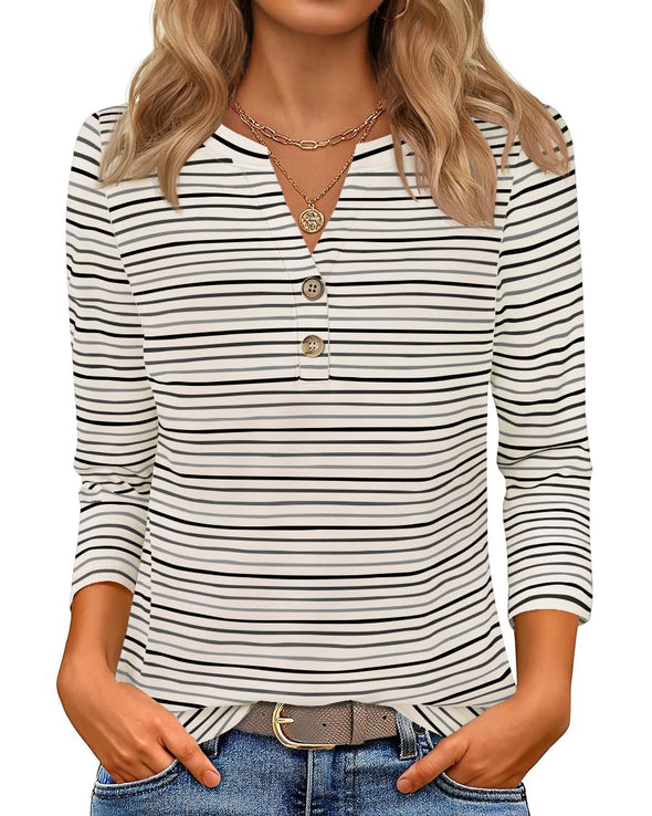 ZESICA Boho Striped Henley Shirts 3/4 Sleeve Tops Casual Blouses