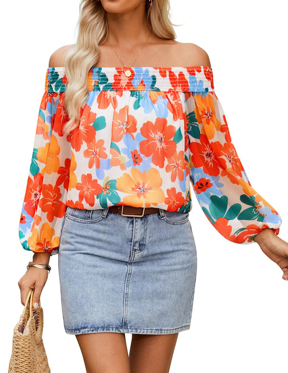 ZESICA Off Shoulder Floral Chiffon Loose Dressy Blouses