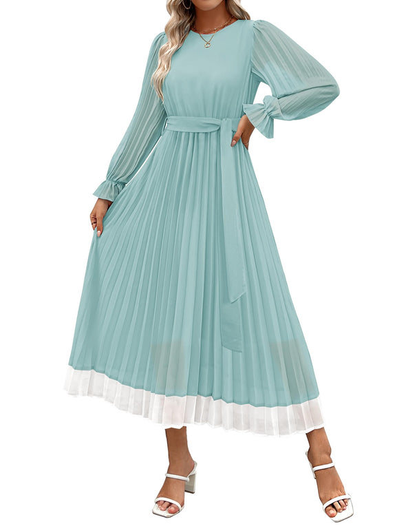 ZESICA Chiffon Crew Neck Pleated A Line Flowy Midi Dresses