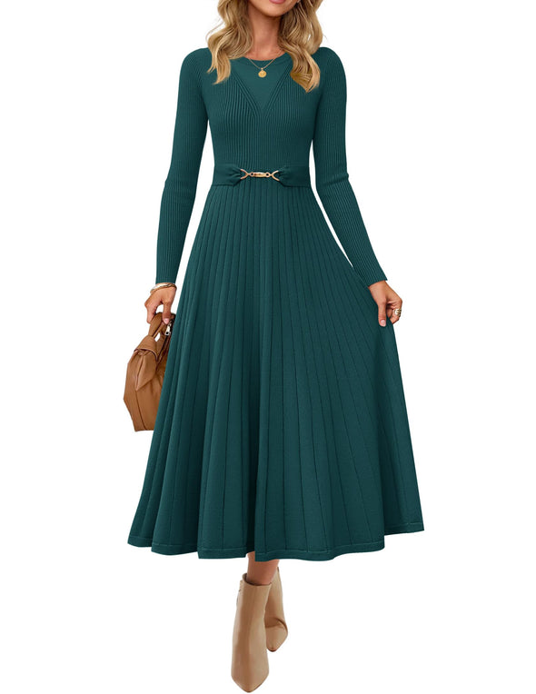 ZESICA Fall Crewneck Knit A Line Pleated Flowy Long Dresses with Belt