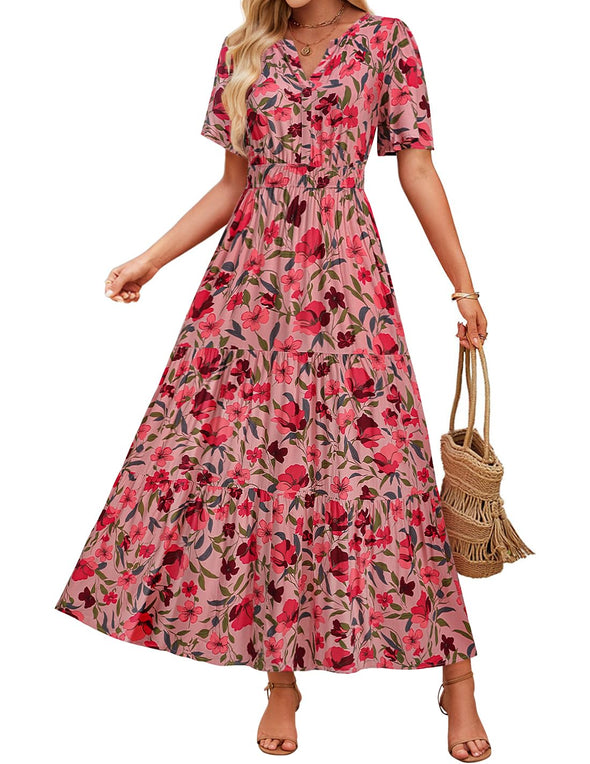 ZESICA Floral Print Short Sleeve V Neck High Waist Boho Dress