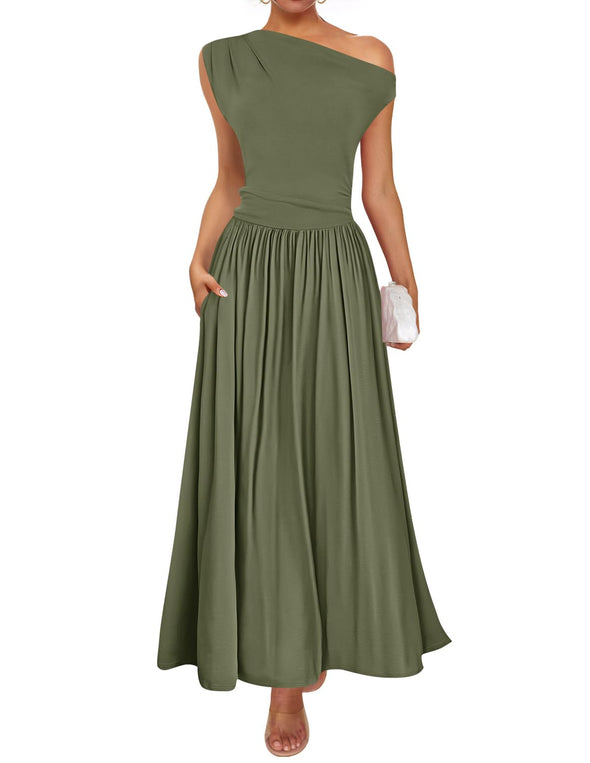 ZESICA Sleeveless One Shoulder Casual Slim Swing Pleated Dresses