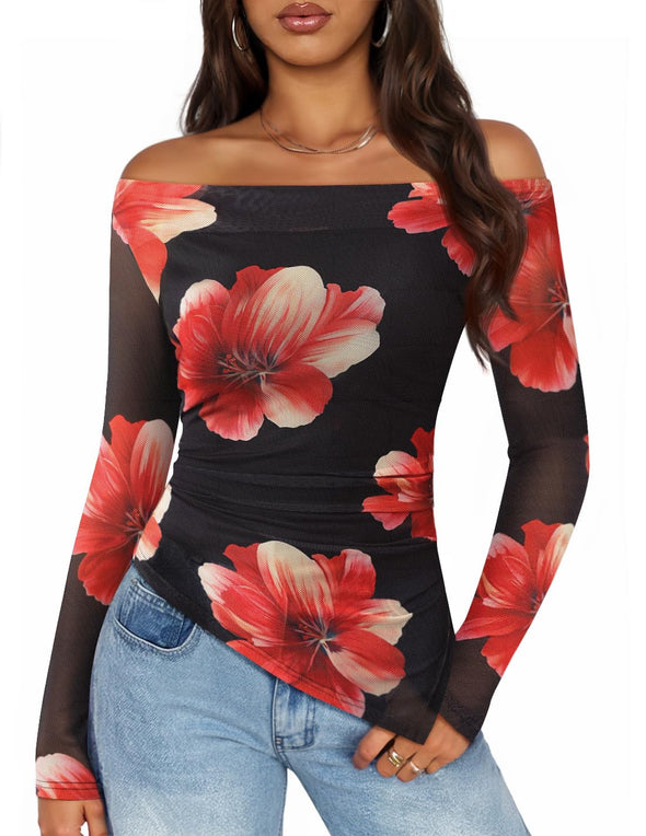 ZESICA Double Lined Sexy Long Sleeve Going Out Tops Floral Mesh Shirts