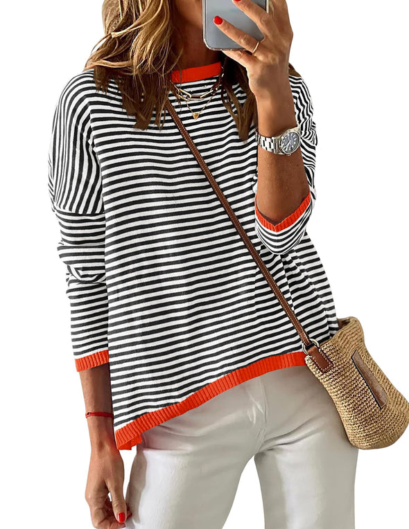 ZESICA Striped Crew Neck Color Block Pullover Tops