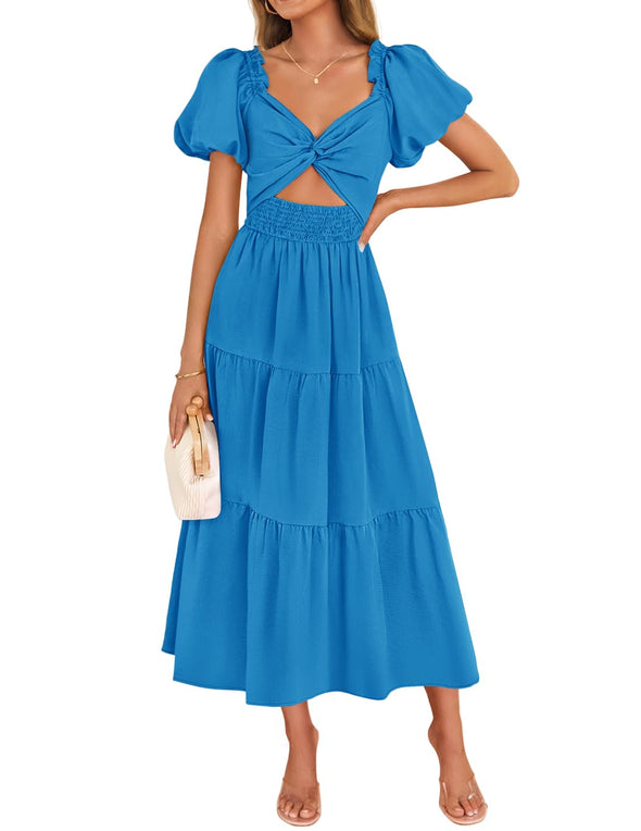 ZESICA Smocked Short Puff Sleeve Twist Knot Cutout Flowy Dresses