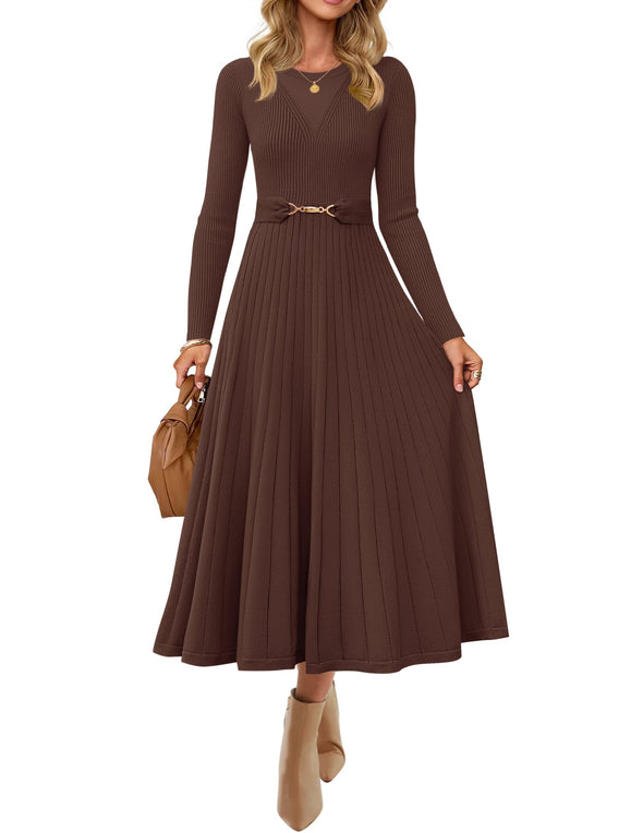 ZESICA Fall Crewneck Knit A Line Pleated Flowy Long Dresses with Belt