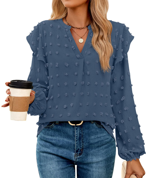 ZESICA  Chiffon Blouses V Neck Swiss Dot Casual Tunic Tops