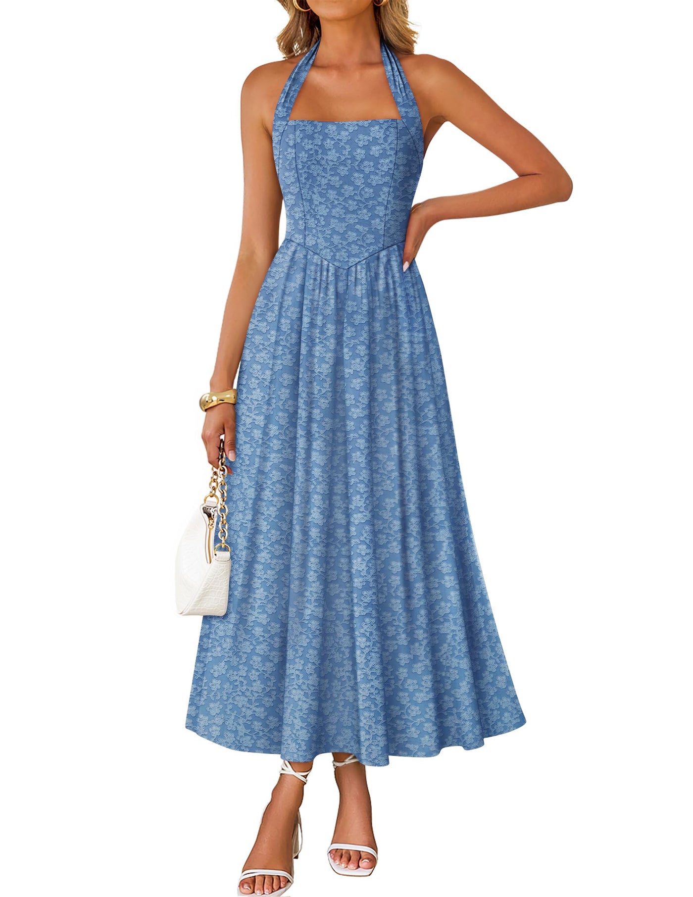 ZESICA Sleeveless Floral Halter Neck Wedding Flowy A Line Long Dress zesica ZESICA Sleeveless Floral Halter Neck Wedding Flowy A Line Long Dress zesica