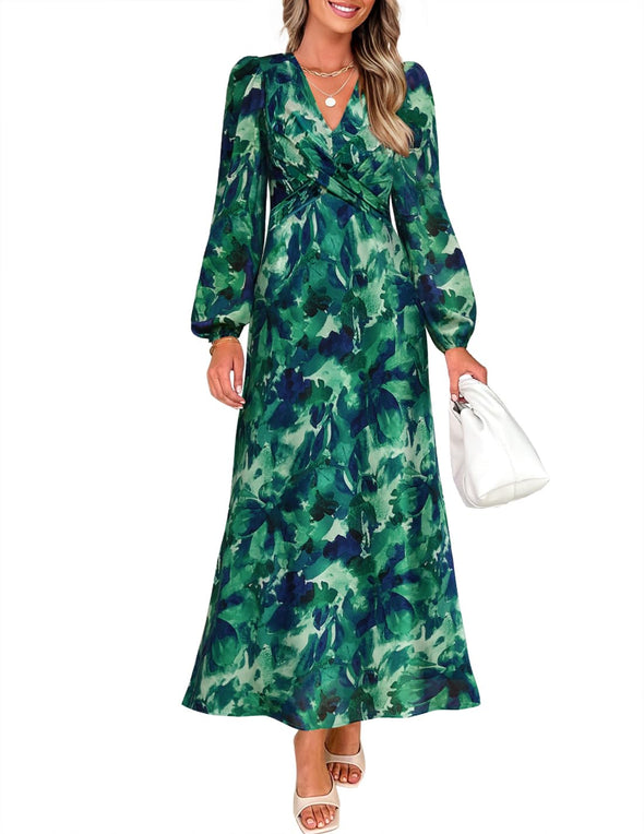 ZESICA Fall Boho V Neck Belted High Wasit Flowy Cocktail Party Dress
