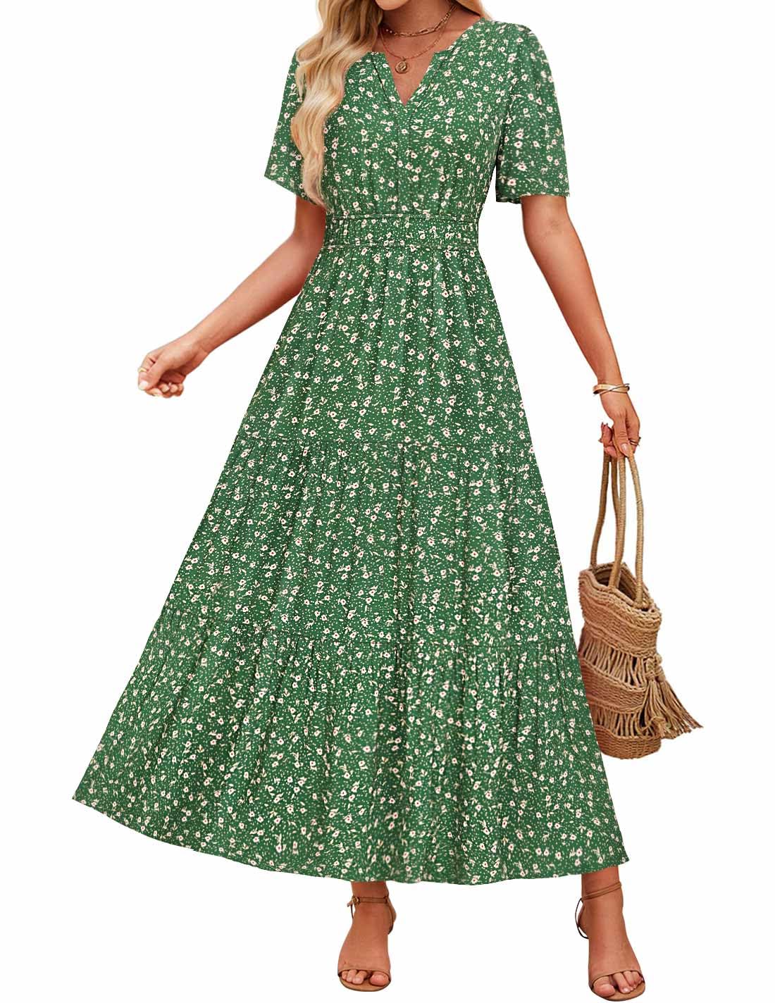 ZESICA Floral Print Short Sleeve V Neck High Waist Boho Dress zesica ZESICA Floral Print Short Sleeve V Neck High Waist Boho Dress zesica