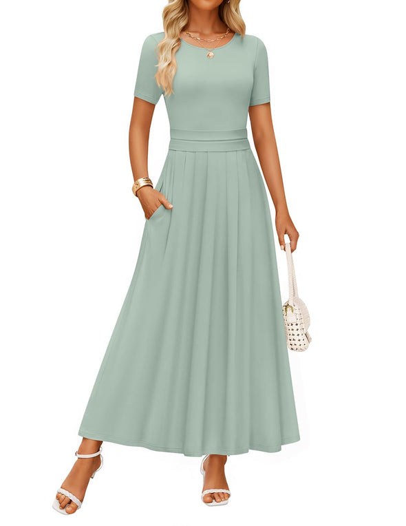 ZESICA Short Sleeve Crewneck Pleated A Line Flowy Long Dresses