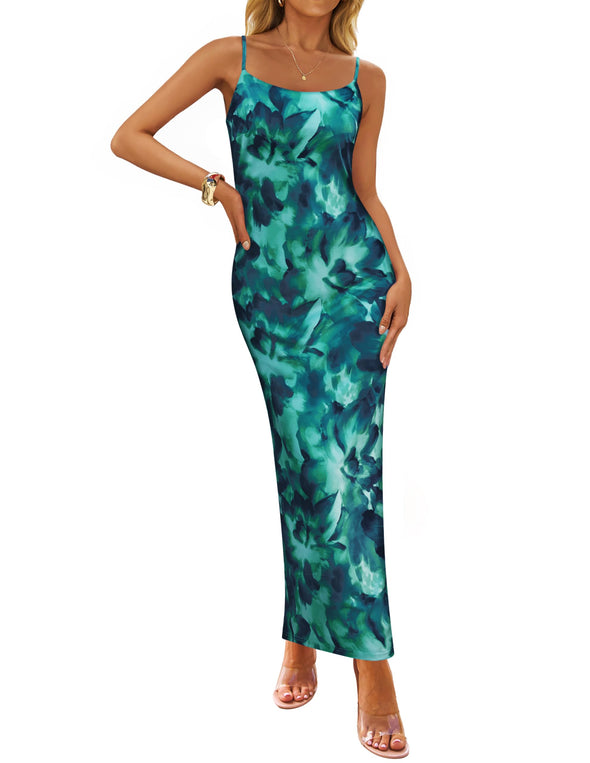 ZESICA Bodycon Floral Spaghetti Strap Boho Long Dresses