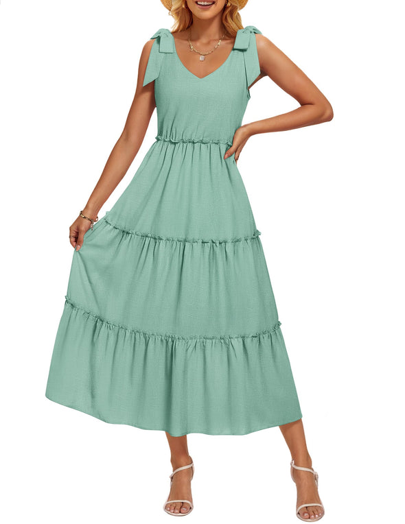 ZESICA Tie Shoulder Flowy Tiered A Line Beach Long Sundress