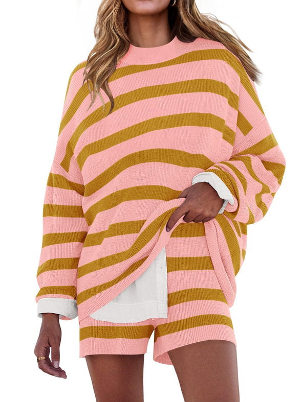 ZESICA Striped Lounge for Women 2 Piece and Shorts Sweater Pajama Set